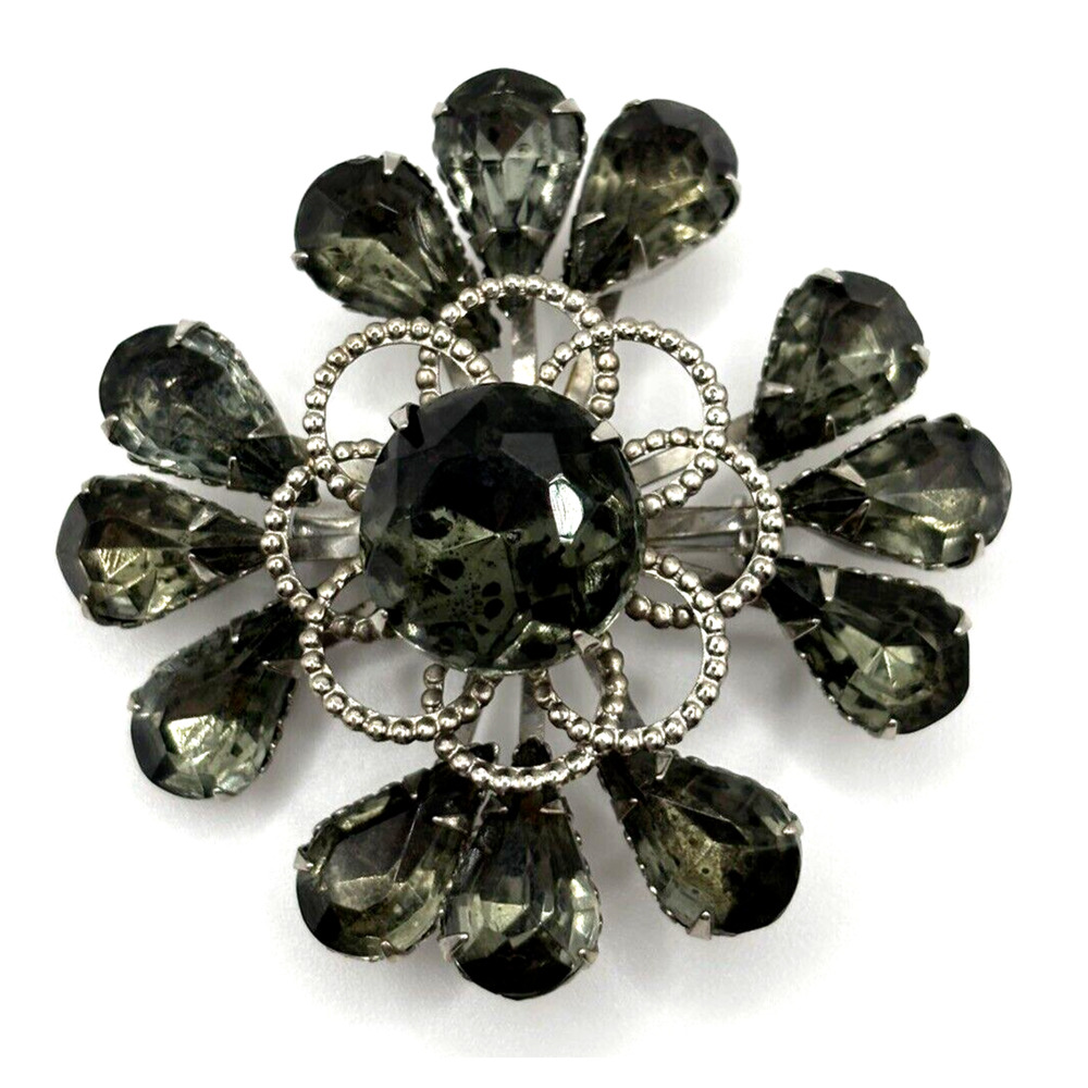Vintage Rhinestone Brooch Smoky Black‎ Navette Silver Tone J1-3011